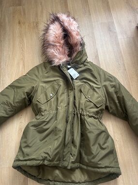 H&M Olive Green Puffer Parka with Pink Faux-Fur Hood